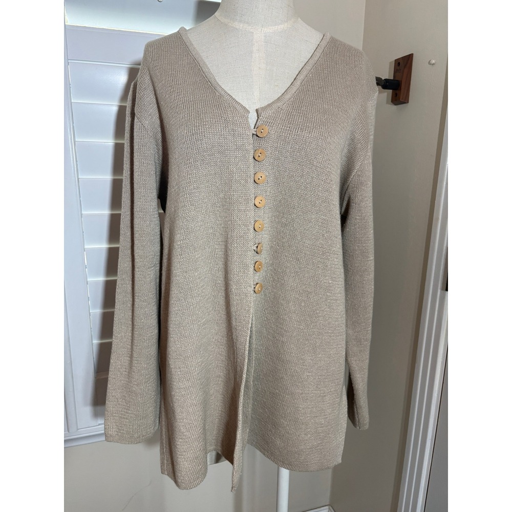 Natural Style Cardigan Sweater M Beige Cotton Linen Wood Button Cabincore Earthy